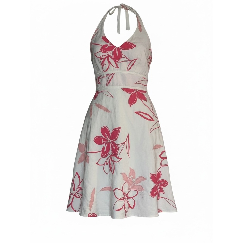 Ann Taylor Floral Halter Dress White Pink Lily A-Line Summer Sundress Size 2